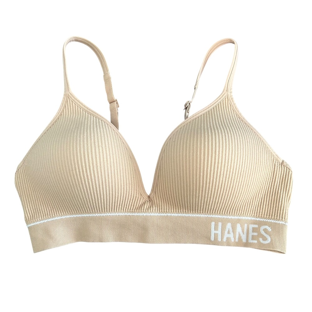 Hanes Womens Ribbed Wireless Bra Beige MHB004 Size Medium Adjustable Straps NWOT